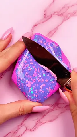 The opal of my dreams part 2💜🩷💜 A bright purple opal stone with pink flecks cracked open, crumbled and smeared into majestic opal stone cream. It's never too pretty to cut open!  💎Follow for more ASMR💎 Thanks for stopping by💘 #asmr #oddlysatisfying #opal #purple #satisfyingasmr 