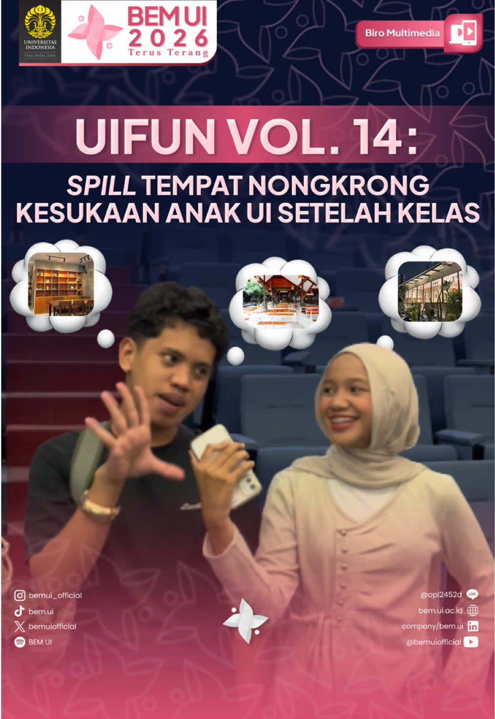 UIFUN VOL. 14: “SPILL” TEMPAT NONGKRONG KESUKAAN ANAK UI SETELAH KELAS Halo, IKM UI! Beres kelas langsung pulang? Eits, tahan dulu! Di sekitaran kampus UI banyak banget “spot” nongkrong “hits” dan seru yang pas buat ngelepas penat sehabis kuliah. Dari kafe estetik di Kukel, sampai tempat makan di dalam UI, ada banyak pilihan tempat asik buat sekadar ngobrol, nugas bareng, atau nyantai nungguin macet. Tidak hanya suasananya yang bikin betah, harganya juga tetap ramah di kantong mahasiswa. Tonton videonya sampai akhir buat tahu daftar rekomendasi tempat nongkrong favorit anak UI di sekitaran kampus yang wajib banget kamu samperin bareng temen! Narahubung: Alfie (081285421193 || LINE: sssalamon) BEM UI 2026  #TerusTerang #BiroMultimediaBEMUI2026