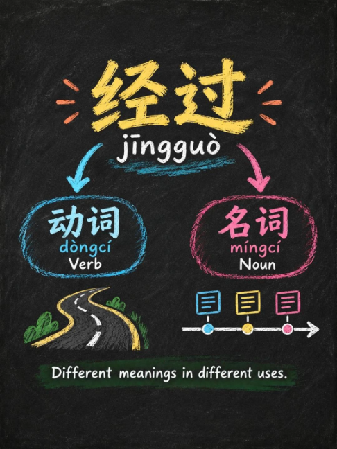 HSK3 Vocabulary, 经过 (jīngguò),as a verb, 经过 means 