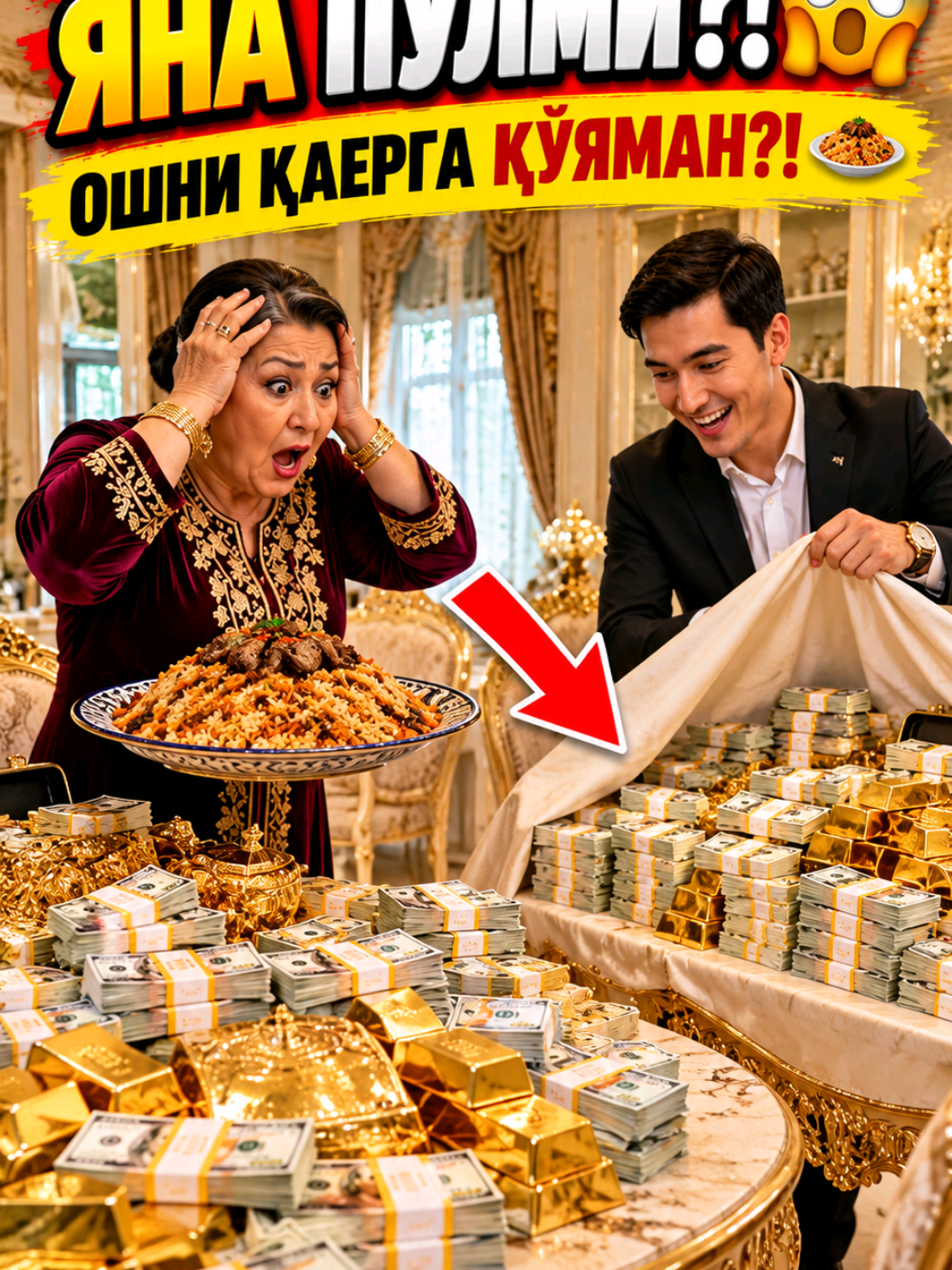 😂💰 ПУЛ КЎПЛИГИДАН ОШ ЕЙИШГА ҲАМ ЖОЙ ҚОЛМАДИ! 😱🍚 👩 Ойижонимиз мазали ош дамлабдилар, лекин столнинг ҳамма жойи доллар ва тиллоларга тўлиб кетган! 🤣💸 Энг қизиғи, ўғли яна битта стол олиб келди… У ҳам ПУЛГА ТЎЛА! 😂🔥 💵 ШУНДАЙ МУАММО СИЗГА ҲАМ КЕРАКМИ? ❤️ Лайк босинг! ✅ Обуна бўлинг! 💬 Агар сизда шунча пул бўлса, биринчи нима қилардингиз? 👇😂 Илоҳим, ҳаммамизга шундай ширин муаммолар насиб қилсин! 🤲❤️ #NeoMir #AIVideo #UzbekReels #Boylik #Kulgi 