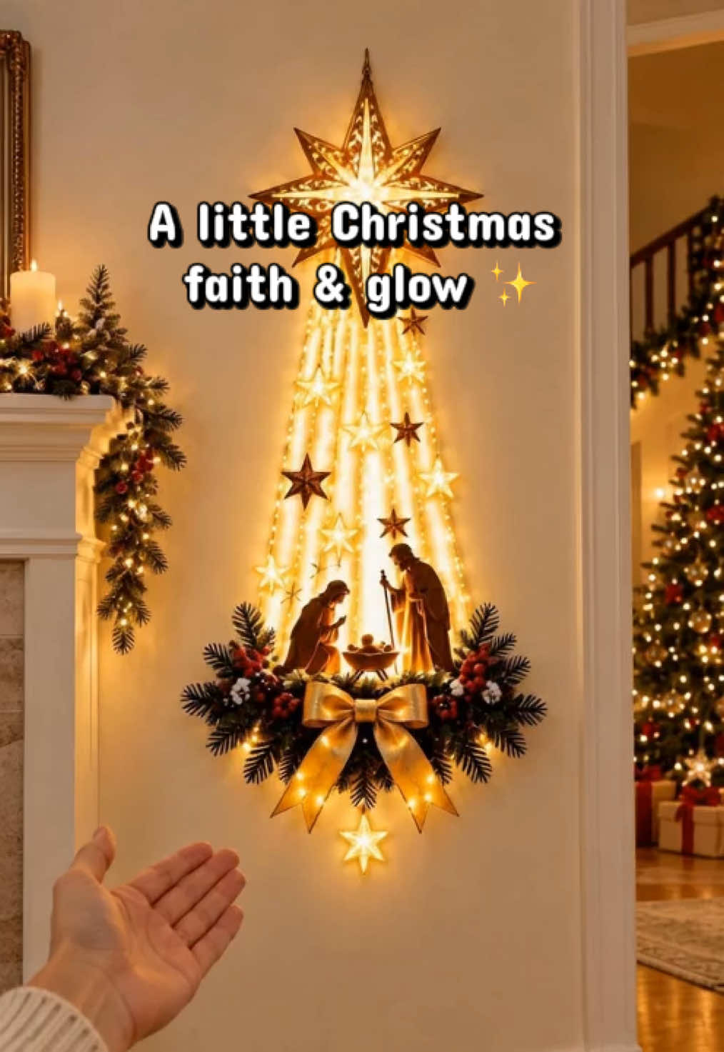 Make the nativity part of your Christmas decorating ✨ A glowing Bethlehem star and nativity scene for a meaningful touch on your wall—without taking up mantel space. #lightednativity #christianchristmasdecor #NativityWallDecor  #AICreate 
