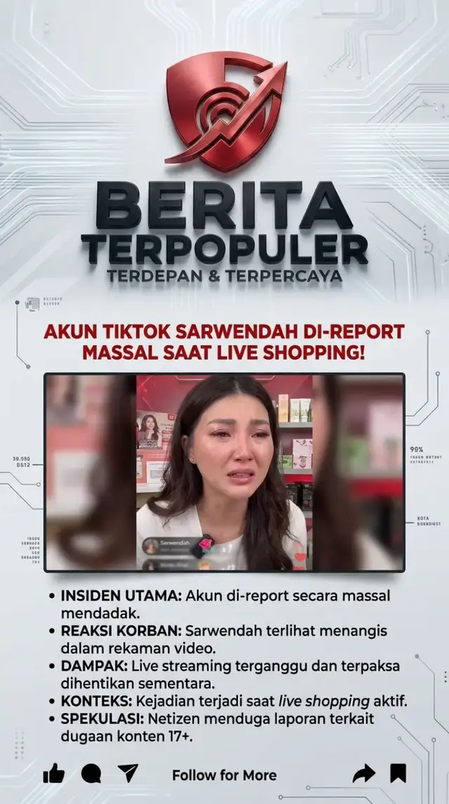 Detail Insiden • Kejadian Utama: Akun TikTok Sarwendah tiba-tiba di-report secara massal saat sedang melakukan live streaming. • Reaksi: Dalam video yang beredar, terlihat Sarwendah sempat menangis karena insiden tersebut. • Dampak: Kejadian ini membuat live streaming terganggu dan sempat dihentikan sementara waktu. Informasi Tambahan • Konteks: Insiden ini terjadi saat Sarwendah sedang melakukan live shopping. • Spekulasi: Beberapa netizen berspekulasi bahwa laporan massal mungkin terkait dengan konten live yang dianggap tidak pantas (seperti konten 17+). #sarwendah #rubenonsu #trending #newsupdate #berita_terpopuler 