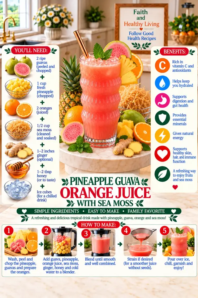 🍍🍊 PINEAPPLE, GUAVA & ORANGE JUICE WITH SEA MOSS! 🥤❤️ A refreshing tropical drink packed with fruity goodness! 😍 Give this delicious recipe a try and tell us how yours turned out! 💕 Follow Good Health Recipes for more healthy and delicious recipes. #HealthyJuiceRecipes #TropicalJuice #SeaMossRecipes #HomemadeJuice #FollowGoodHealthRecipes