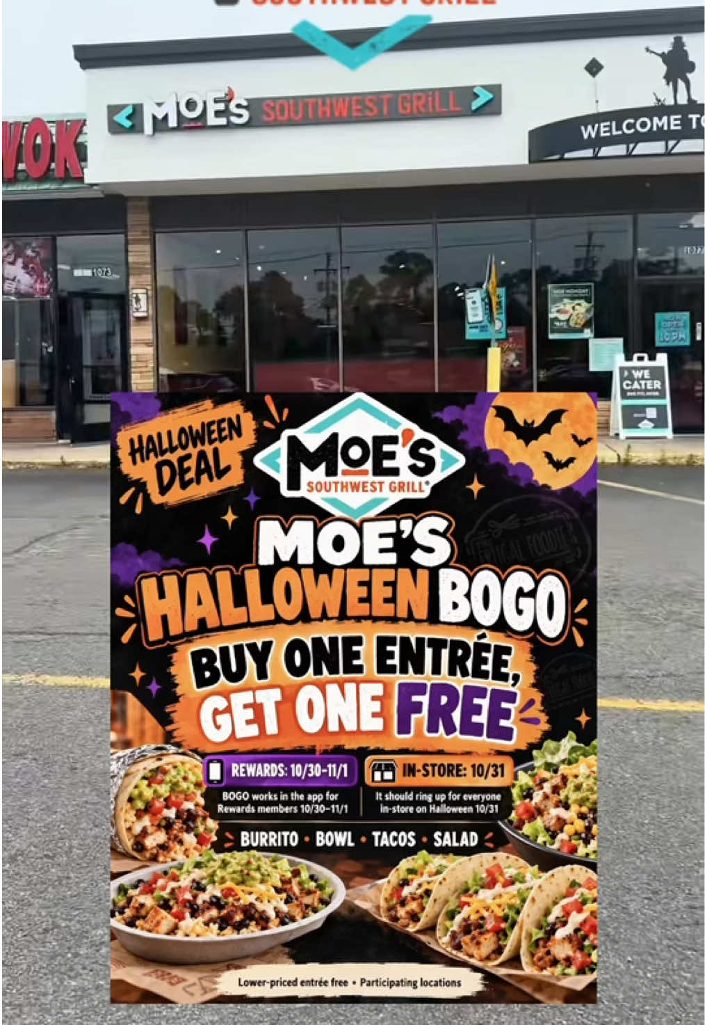 For Halloween, Moe's Southwest Grill is offering a buy one, get one free entrée deal on October 31, 2026 in-store or all weekend long from October 30th to November 1st for Moe Rewards members online and in the app. Burrito or bowl? Tell us why in the comments! #Moes #Halloween #BOGO #deals #DealAlert 