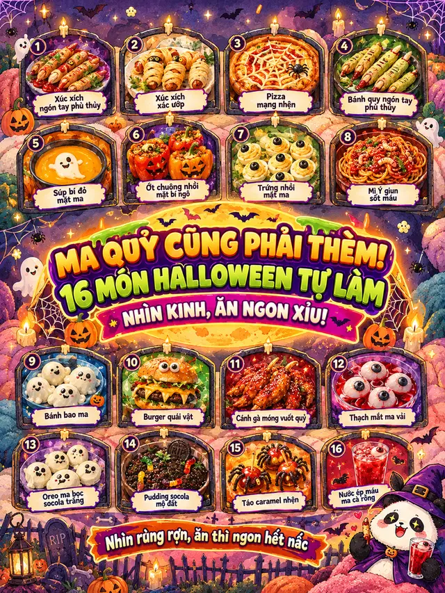 Halloween năm nay đừng chỉ hóa trang, hãy “ăn” cho ra dáng ma quỷ luôn! 🎃👻 16 món Halloween nhìn rùng rợn nhưng ăn lại ngon xỉu, làm tại nhà không khó chút nào: xúc xích ngón tay phù thủy, xúc xích xác ướp, pizza mạng nhện, trứng nhồi mắt ma, mì Ý giun sốt máu, bánh bao ma, burger quái vật, cánh gà móng vuốt quỷ... đến cả thạch mắt ma vải, pudding mộ đất, táo caramel nhện và ly nước ép “máu ma cà rồng” 🕷️🦇 Mỗi món đều có công thức và định lượng rõ ràng, nguyên liệu dễ mua, làm một lần là cả hội “hú hồn” vì quá ngon! Lưu ngay để kịp bày tiệc đêm Halloween, rủ hội bạn thân cùng “ăn ma” và tag đứa nhát gan nhất vào nhé! 👇🔥 #halloween #halloween2026 #foodtiktok  #monhalloween #tiechalloween #monanhalloween #congthucnauan #monngonmoingay #anvat #pizzamangnhen #banhquyphuthuy #monantainha #tiktokfood #reviewmonan #foodie