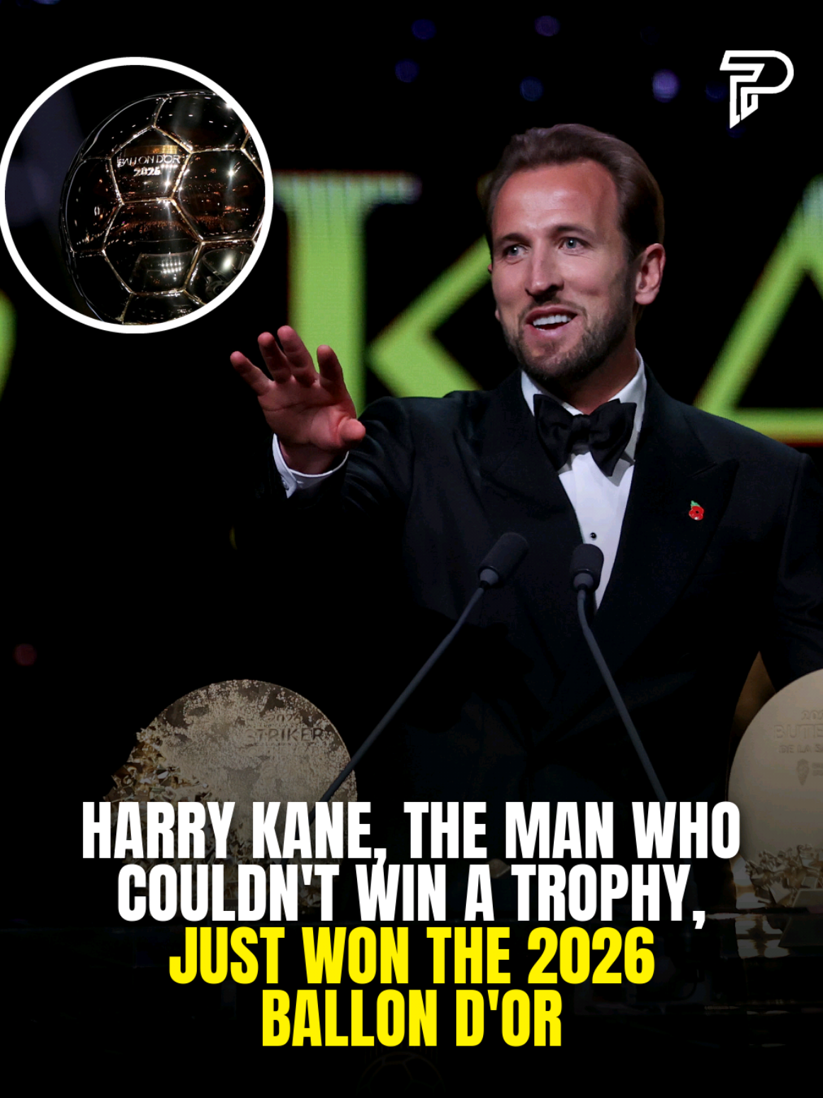 Harry Kane, the man who couldn't win a trophy, just won the 2026 Ballon d'Or 🏆 After years of near misses, including two Euro finals and leaving Spurs without a major title, Kane is the first Englishman to win the Ballon d'Or since Michael Owen in 2001. He collected it at the London Palladium, the first time the ceremony has ever been held in the UK. The trophy curse is officially over. #Pubity #harrykane #ballondor 