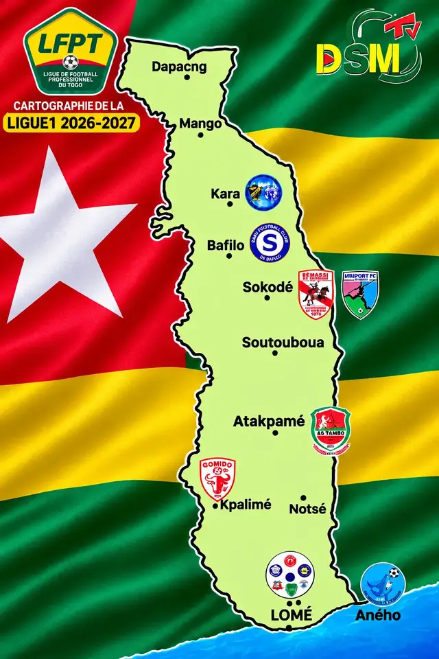 La carte de la LIGUE PRO SAISON 2026-2027 VUE  PAR LA RÉDACTION DE DSM-TV  De KARA  à Aného, KARA,  BAFILO, SOKODÉ, ATAKPAME, KPALIME, LOMÉ, ANÉHO...Ta ville est dedans ?#FTF#LFPT #cartographieligue1 #footballtogolais
