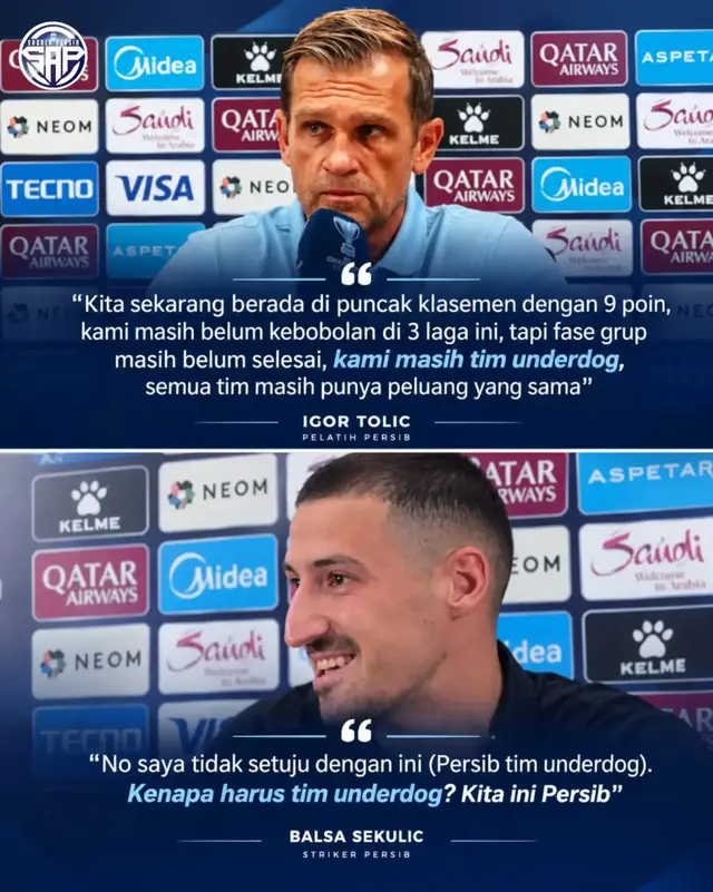 Pelatihnya merendah, pemainnya tengil. 😂 Igor Tolic: “Kami masih tim underdog.” Balsa Sekulić: “Kenapa harus tim underdog? Kita ini Persib.”  Beda statement, beda gaya. Tapi satu tujuan: membawa Persib terus melangkah dan terbang lebih tinggi. 💙🐯 Yang satu memilih merendah, yang satu memilih percaya diri. Namanya juga Persib, rendah hati boleh, tapi mental juara tetap harus ada. 🔥