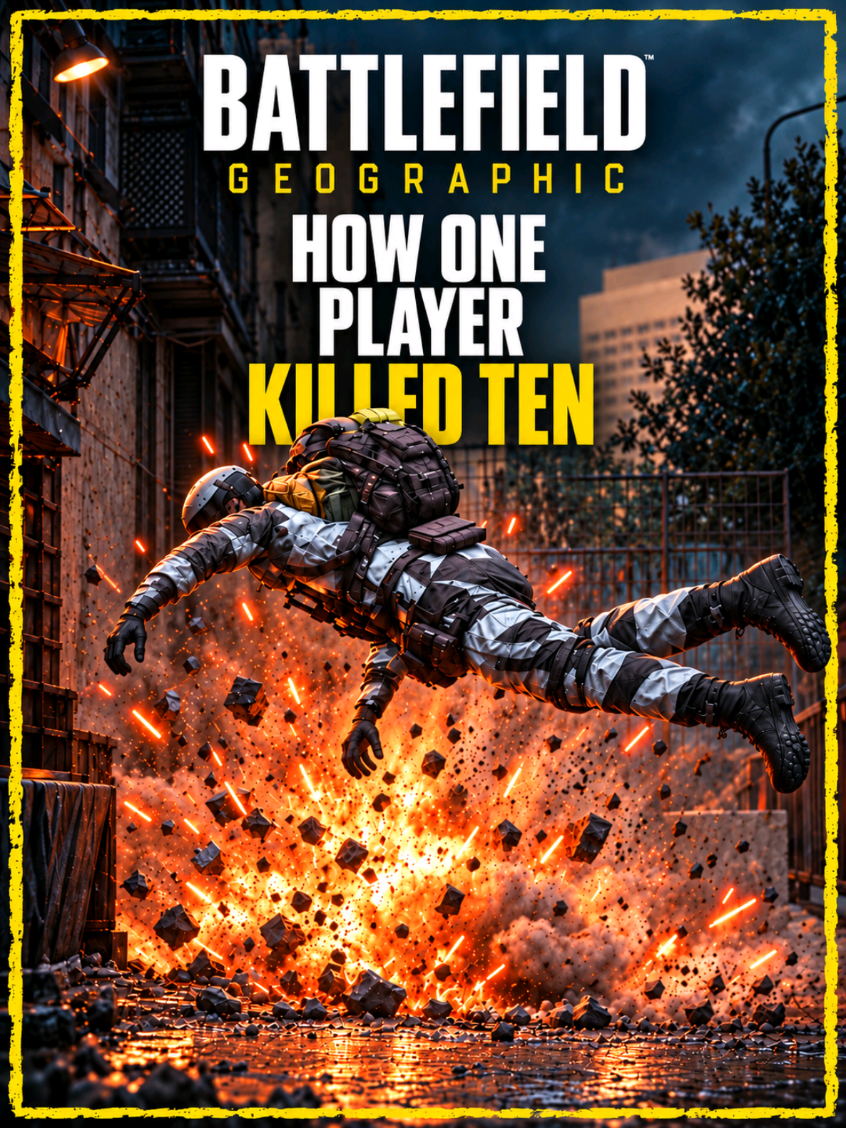 Battlefield Geographic x @Swayyb  HOW ONE PLAYER KILLED TEN Swayyb takes on a crowded enemy position, switching between his LMG, pistol, grenades and a fallen soldier’s weapon to secure ten kills. One grenade sends PixalDemon flying, while two opponents return just in time to die twice. Includes the full after-action report, both weapon builds, and a look at the FN Minimi Mk3 and Glock 22 behind his loadout. #Battlefield #Battlefield6 #BF6 #BattlefieldGeographic  #creatorsearchinsights 