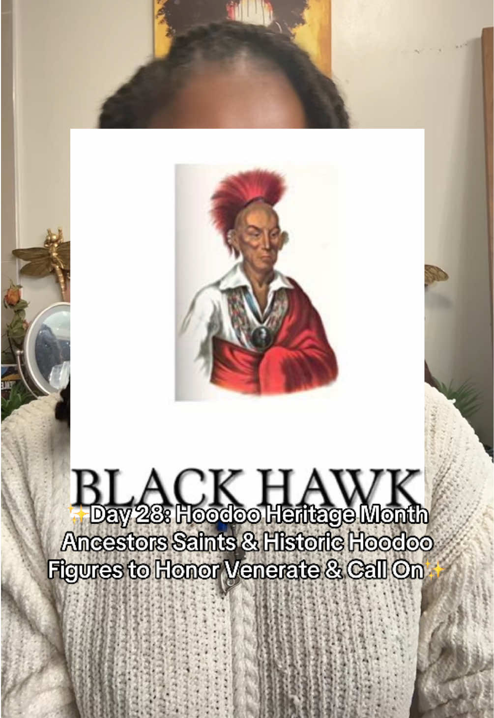 ✨The Spirit of #BlackHawk in many #blackspirituality  practices, is called on as a #SpiritGuide thru conflict, for Protection & strength. His willingness to Fight for his land and people can absolutely be petitioned to this day for many of us still bombarded from spaces and places that truly belong to us … May your #SpiritWork & connection with this BlackHawn be fruitful ! Let finish #HoodooHeritageMonth Strong Yall ✨