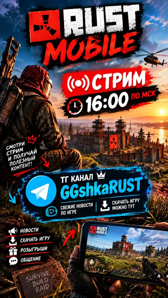 Стрим в 16:00 по МСК До встречи в эфире Скачать игру можно по инструкции в моем ТГ канале GGshkaRUST #pubgmobile #pubg #rust #streamer #tiktoklive #livehighlights #rustmobile 