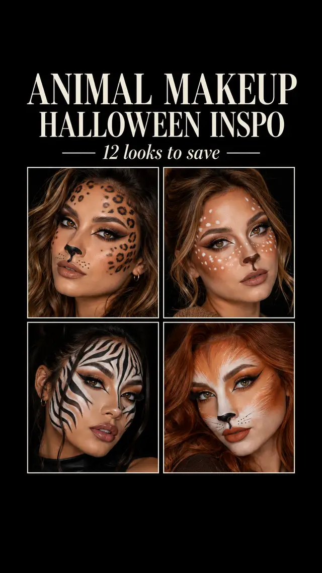 Soft deer glam or full tiger stripes? 🦌🐅 Swipe through 12 animal-inspired Halloween makeup looks and find your favorite. Save this for getting ready, which animal are you choosing? 🖤 #AnimalMakeup #HalloweenMakeup #MakeupInspo #HalloweenLooks #LeopardMakeup