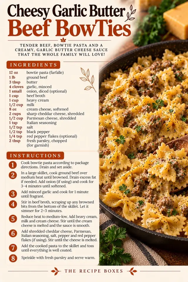 Tender bowtie pasta, savory seasoned beef, buttery garlic, and a rich, creamy cheese sauce come together in one seriously delicious dinner! 😍 This is the kind of meal that makes everyone ask for seconds! ✨ Why you’ll love it: 🍝 Perfectly cooked bowtie pasta 🧄 Rich garlic butter flavor 🥩 Hearty, savory ground beef 🧀 Creamy cheddar and Parmesan cheese sauce 🍽️ A family-friendly dinner made with simple ingredients! Perfect for busy weeknights when you want something filling, comforting, and easy to make. 📌 Save this recipe for your next comfort-food night! Would you add a little extra Parmesan on top? Because I definitely would! 🤤👇 #CheesyPasta #BeefBowTiePasta #GarlicButter #EasyDinnerRecipes #GroundBeefRecipes     