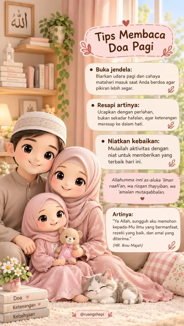Doa Pagi Hari 🤍 Allahumma inni as-aluka 'ilman naafi'an, wa rizqan thayyiban, wa 'amalan mutaqabbalan 🤲 Semoga hari ini penuh berkah ya ✨ Save biar gak lupa besok pagi 🧸 #ruangshepi #doapagi #tipsislami #doa #doaharian 