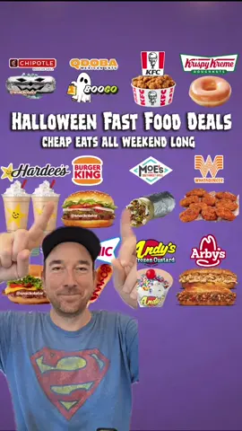 Halloween is one of the BEST days of the year for fast food deals and I've got 12 for you to get some cheap eats around Trick or Treating! There are deals like the Boorito at Chipotle, nuggets at KFC, and FREE donuts at Krispy Kreme. BOGO offers at Burger King, QDOBA, Moe's, Whataburger, and Hardee's. And free food with purchase at Shake Shack and Arby's and cheap corn dogs at Sonic. Which ones are you grabbing this weekend? #fastfood #halloween #cheapeats #cheapfood #fooddeals